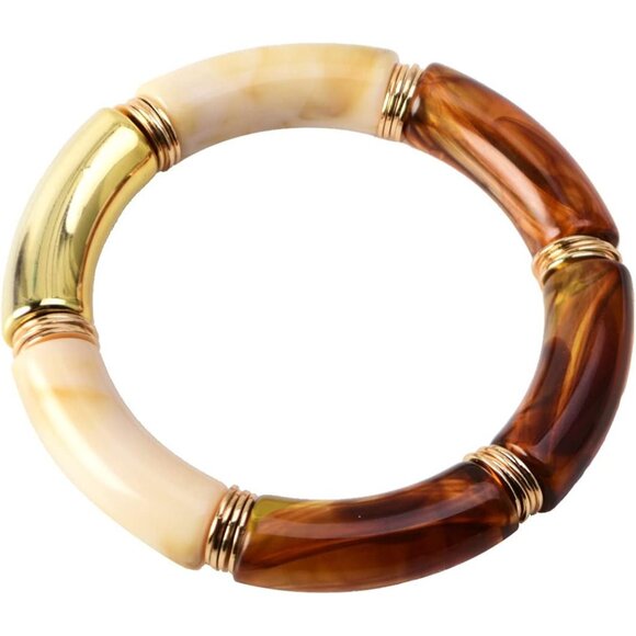 Jewelry - Simple Beaded Gold Plated Bangles Bracelet Chunky Bamboo Tube Curved Stacking Cl